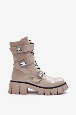 New Damskie buty S.Barski Workery Botki Damskie Lakierowane Jasnoszare S.Barski MR870-61