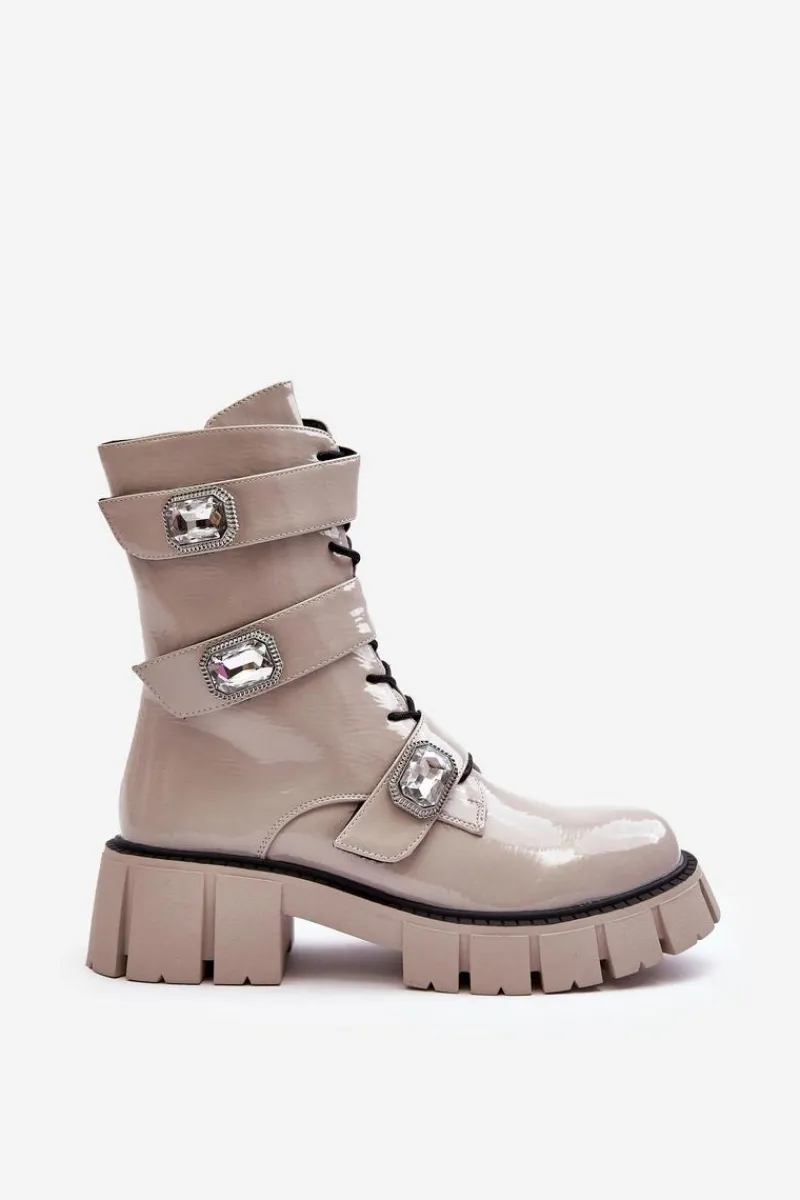 New Damskie buty S.Barski Workery Botki Damskie Lakierowane Jasnoszare S.Barski MR870-61