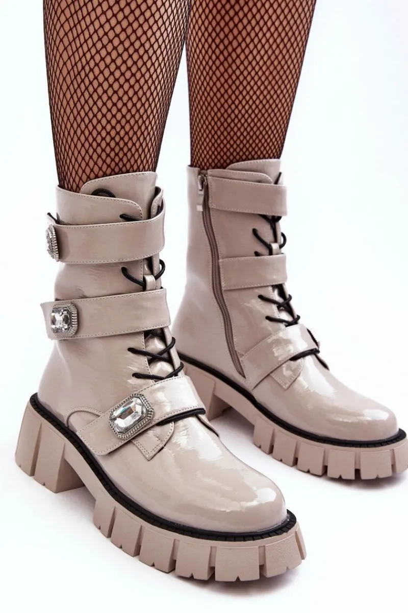 New Damskie buty S.Barski Workery Botki Damskie Lakierowane Jasnoszare S.Barski MR870-61