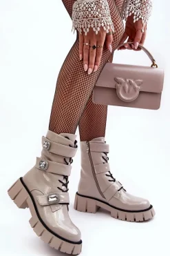 New Damskie buty S.Barski Workery Botki Damskie Lakierowane Jasnoszare S.Barski MR870-61