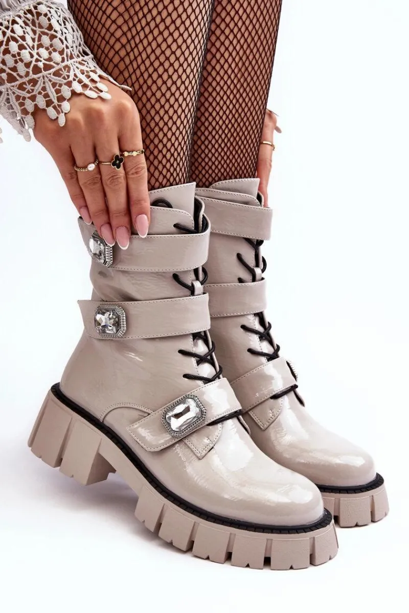 New Damskie buty S.Barski Workery Botki Damskie Lakierowane Jasnoszare S.Barski MR870-61