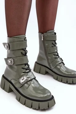 New Damskie buty S.Barski Workery Botki Damskie Lakierowane Zielone S.Barski MR870-61