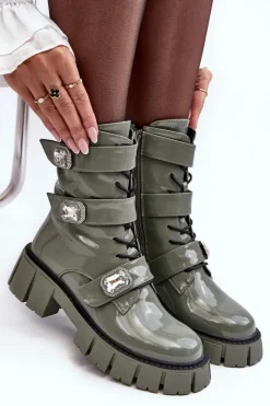 New Damskie buty S.Barski Workery Botki Damskie Lakierowane Zielone S.Barski MR870-61