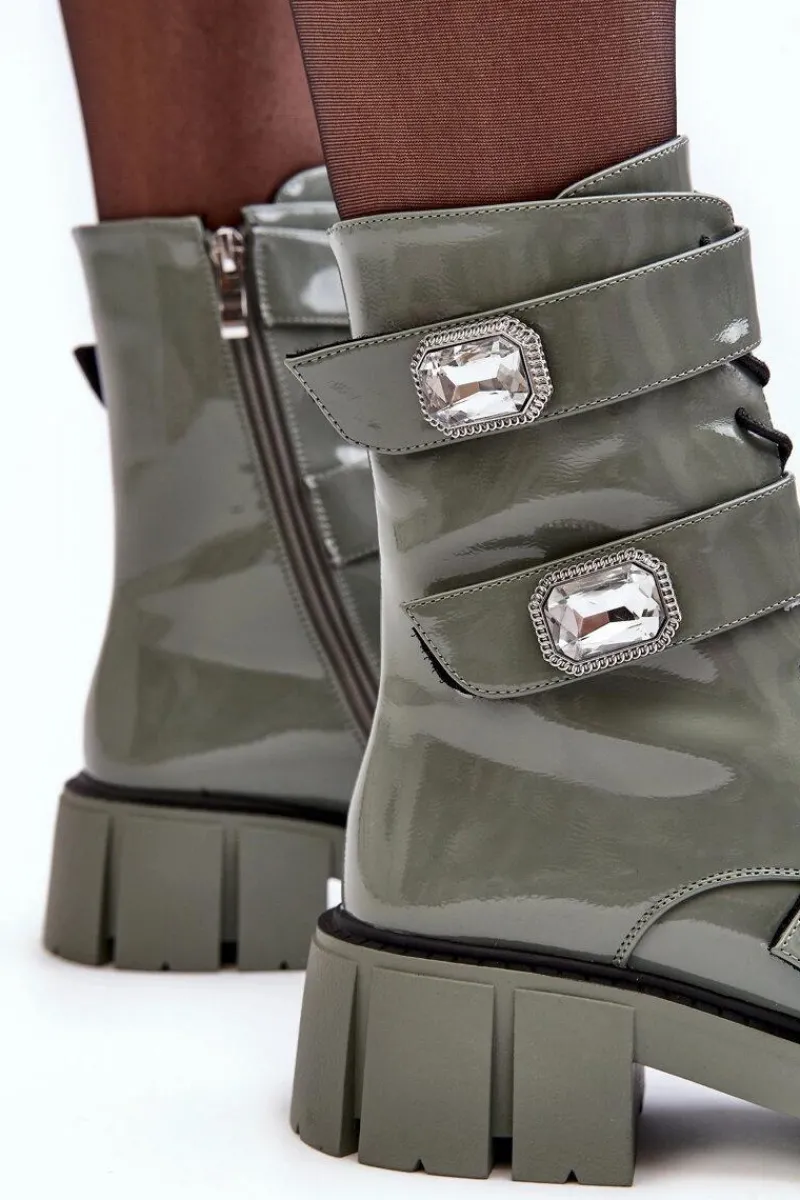 New Damskie buty S.Barski Workery Botki Damskie Lakierowane Zielone S.Barski MR870-61