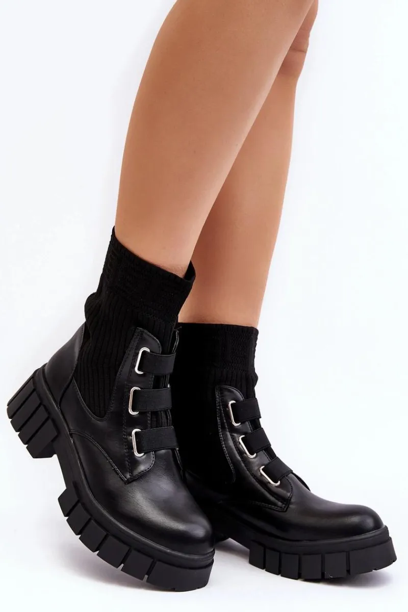 New Workery Botki Na Płaskim Obcasie Ze Skarpetą Czarne Inogoi Damskie Damskie Trapery|Czarne Botki
