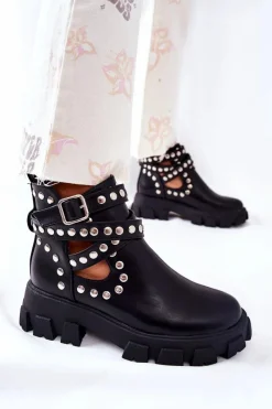 Hot Workery Z Dżetami Na Platformie Czarne Vernelle Damskie Czarne Botki|Brązowe I Beżowe Botki