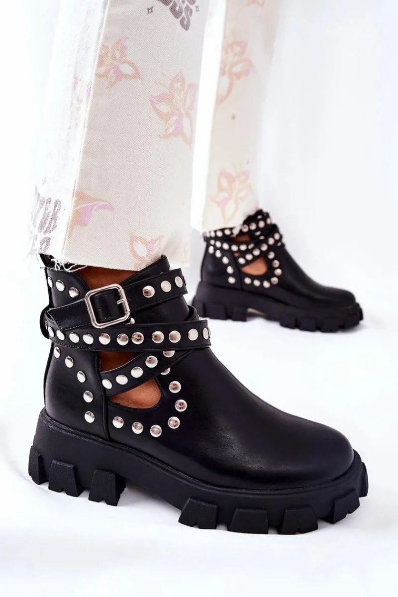 Hot Workery Z Dżetami Na Platformie Czarne Vernelle Damskie Czarne Botki|Brązowe I Beżowe Botki