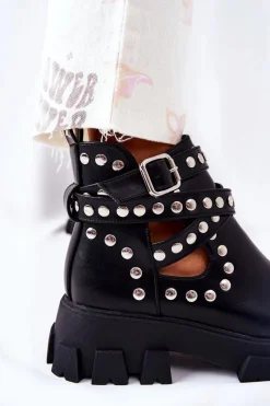 Hot Workery Z Dżetami Na Platformie Czarne Vernelle Damskie Czarne Botki|Brązowe I Beżowe Botki