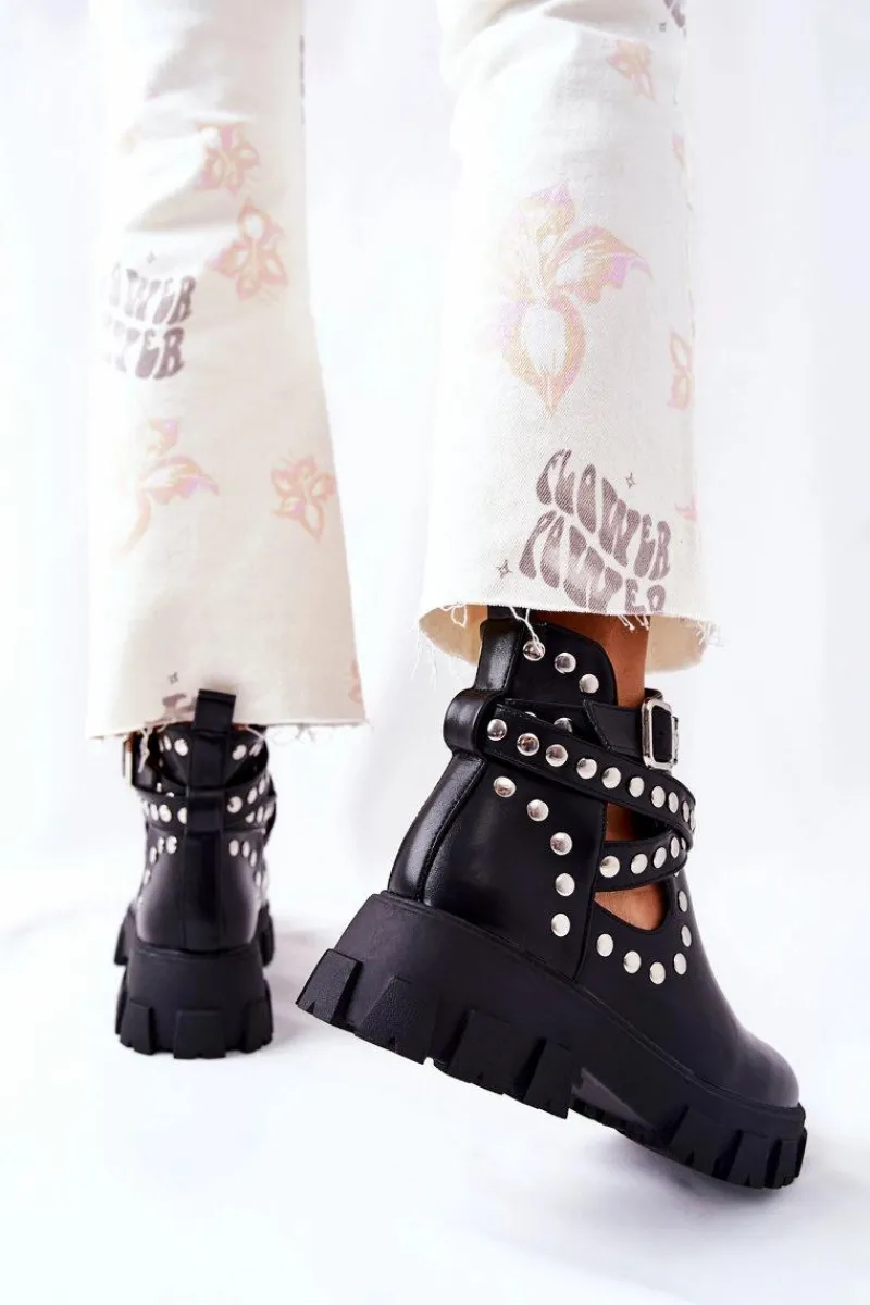 Hot Workery Z Dżetami Na Platformie Czarne Vernelle Damskie Czarne Botki|Brązowe I Beżowe Botki