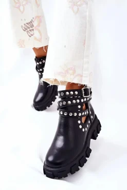 Hot Workery Z Dżetami Na Platformie Czarne Vernelle Damskie Czarne Botki|Brązowe I Beżowe Botki