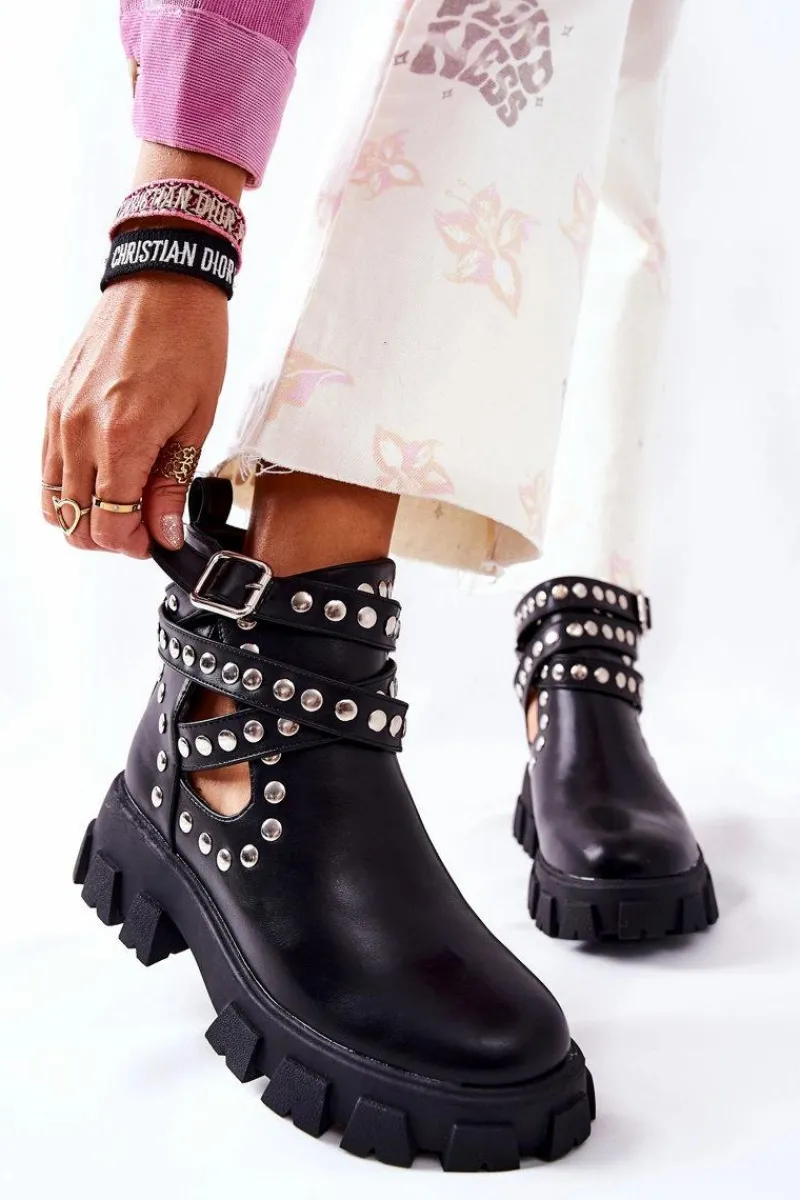 Hot Workery Z Dżetami Na Platformie Czarne Vernelle Damskie Czarne Botki|Brązowe I Beżowe Botki