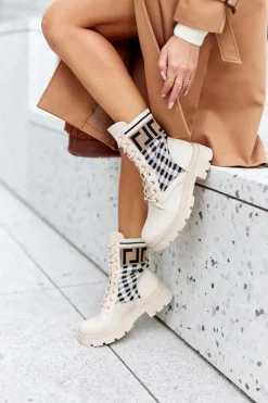 Best Workery Z Elastycznej Tkaniny Beżowe Love Story Damskie Botki Sznurowane|Botki Zimowe Damskie