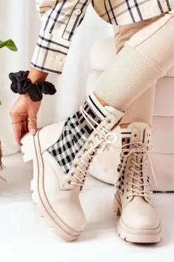 Best Workery Z Elastycznej Tkaniny Beżowe Love Story Damskie Botki Sznurowane|Botki Zimowe Damskie