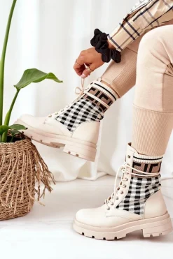 Best Workery Z Elastycznej Tkaniny Beżowe Love Story Damskie Botki Sznurowane|Botki Zimowe Damskie