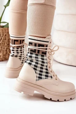 Best Workery Z Elastycznej Tkaniny Beżowe Love Story Damskie Botki Sznurowane|Botki Zimowe Damskie