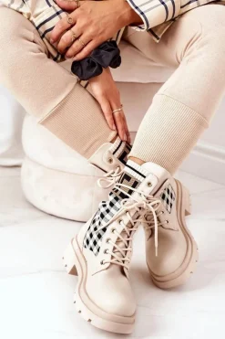 Best Workery Z Elastycznej Tkaniny Beżowe Love Story Damskie Botki Sznurowane|Botki Zimowe Damskie