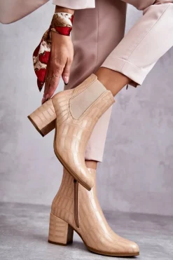 New Boto Wężowe Skórzane Botki La.Fi 260038BE-XC Beżowe