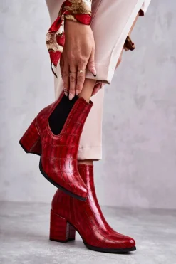 New Wężowe Skórzane Botki La.Fi 260038R-XC Czerwone Damskie Botki Na Słupku|Botki Zimowe Damskie