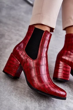 New Wężowe Skórzane Botki La.Fi 260038R-XC Czerwone Damskie Botki Na Słupku|Botki Zimowe Damskie