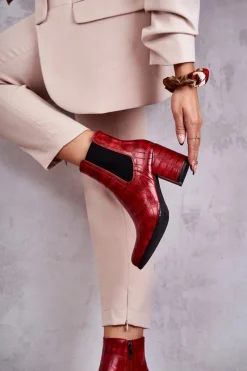 New Wężowe Skórzane Botki La.Fi 260038R-XC Czerwone Damskie Botki Na Słupku|Botki Zimowe Damskie