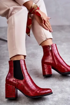 New Wężowe Skórzane Botki La.Fi 260038R-XC Czerwone Damskie Botki Na Słupku|Botki Zimowe Damskie