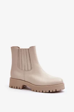 New Boto Wsuwane Botki Damskie Na Płaskim Obcasie Skórzane Lewski 3611 Jasnobeżowe Beżowy