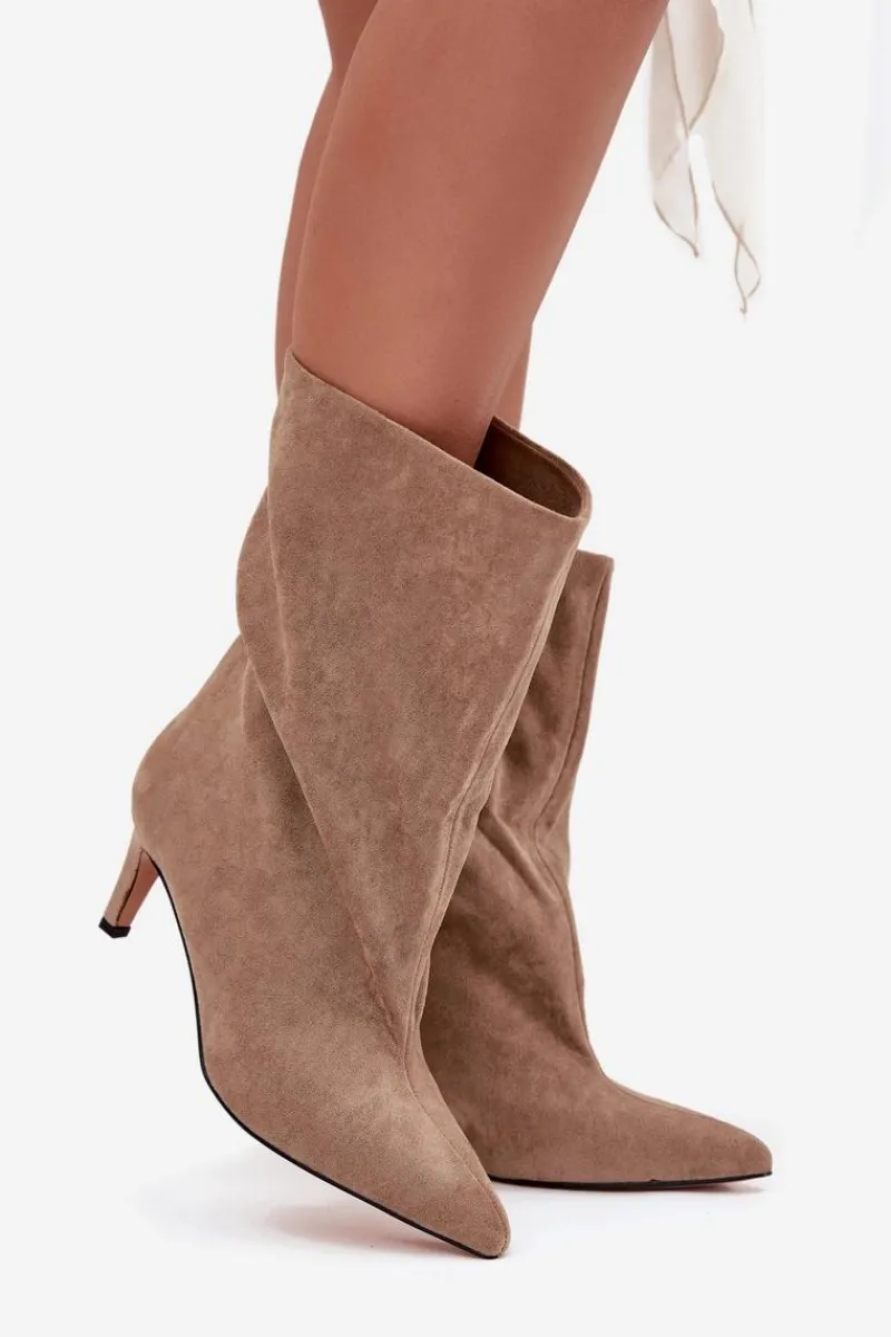 Wsuwane Botki Damskie Na Szpilce Beżowe Solvienne Damskie Botki Ocieplane|Botki Na Obcasie