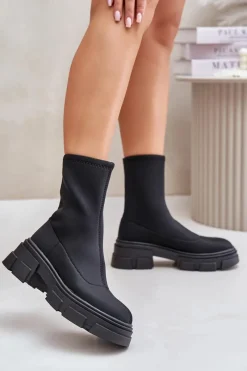 Sale Wsuwane Botki Na Płaskim Obcasie Czarne Ravendria Damskie Czarne Botki|Botki Płaskie