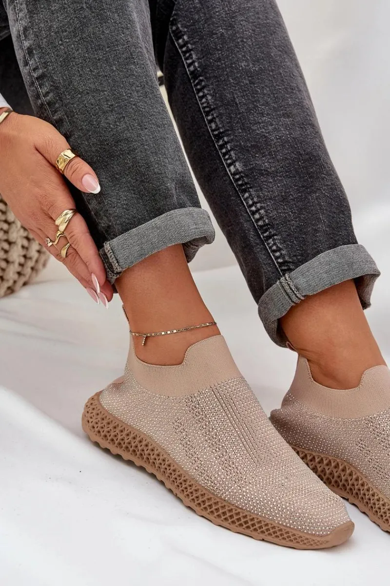 Best Wsuwane Buty Sportowe Damskie Ze Zdobieniem D&A TW121 Beżowe Damskie Sneakersy Damskie
