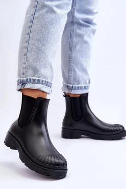 Online Wsuwane Gumowe Botki Kalosze Sztyblety Czarne Carme Damskie Kalosze Damskie|Czarne Botki