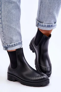 Online Wsuwane Gumowe Botki Kalosze Sztyblety Czarne Carme Damskie Kalosze Damskie|Czarne Botki