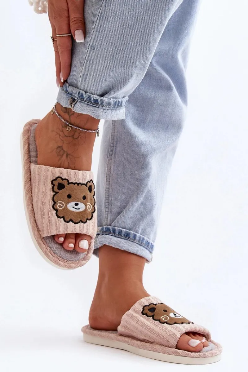 New Wsuwane Kapcie Damskie Z Misiem Beżowe Demare Damskie Kapcie Klasyczne