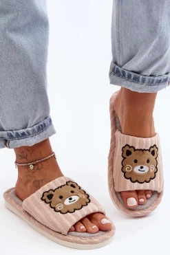 New Wsuwane Kapcie Damskie Z Misiem Beżowe Demare Damskie Kapcie Klasyczne