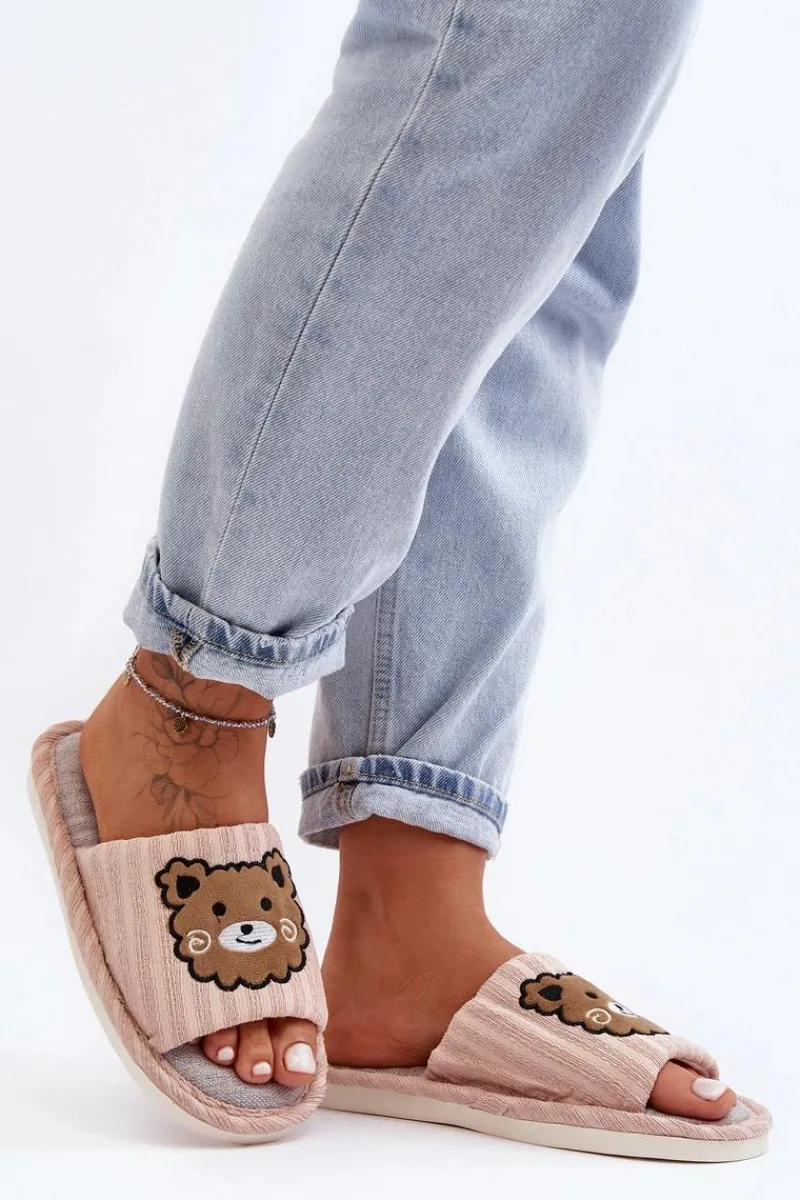 New Wsuwane Kapcie Damskie Z Misiem Beżowe Demare Damskie Kapcie Klasyczne