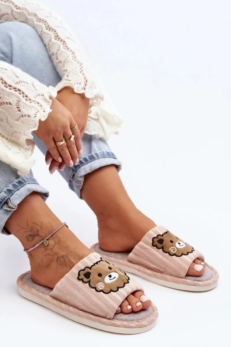 New Wsuwane Kapcie Damskie Z Misiem Beżowe Demare Damskie Kapcie Klasyczne