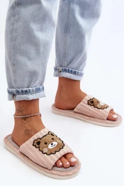 New Wsuwane Kapcie Damskie Z Misiem Beżowe Demare Damskie Kapcie Klasyczne