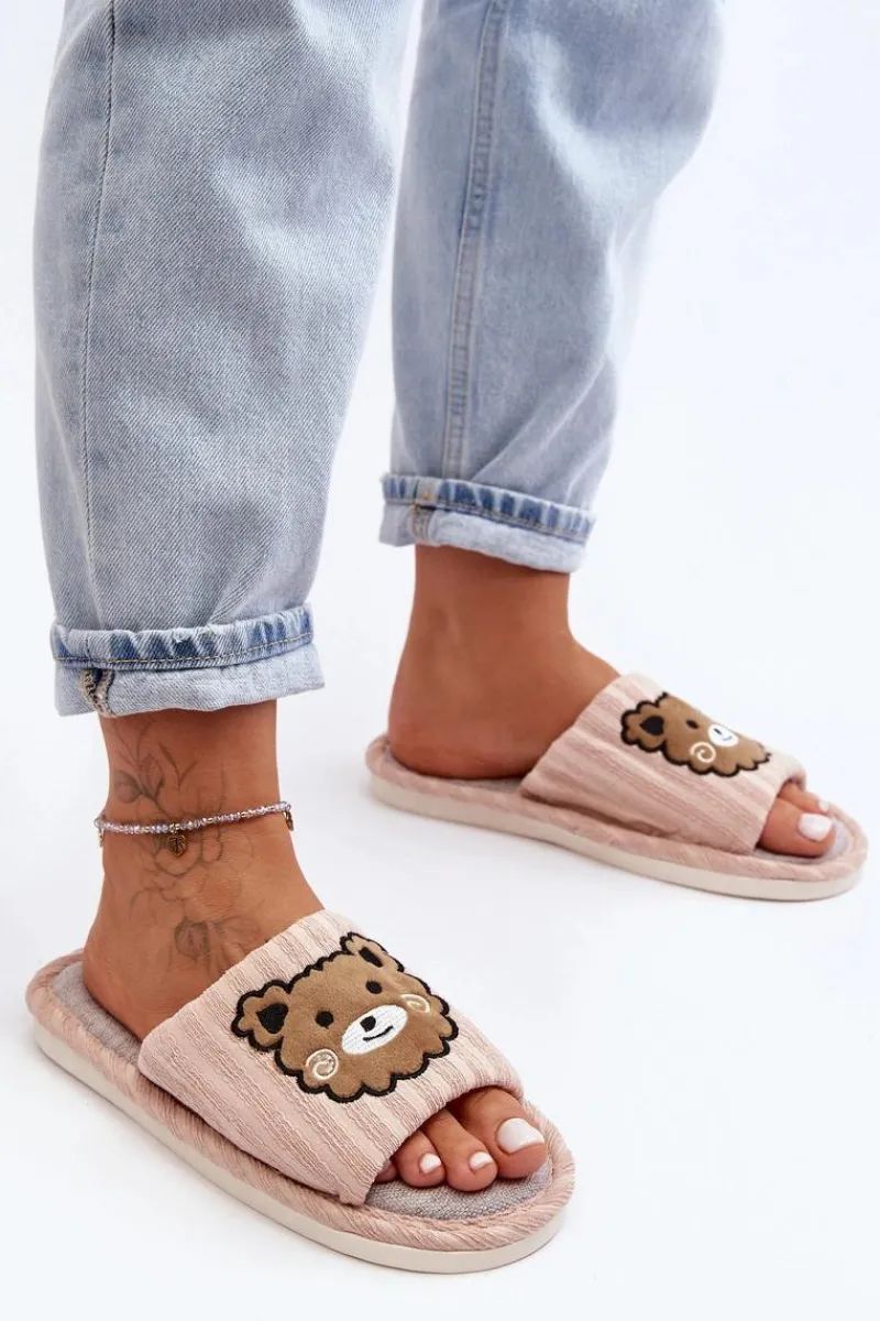 New Wsuwane Kapcie Damskie Z Misiem Beżowe Demare Damskie Kapcie Klasyczne