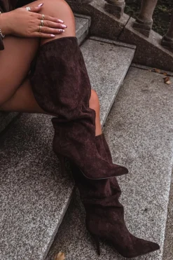 Sale Wsuwane Kozaki Damskie Na Szpilce Z Eko Zamszu Czekoladowe Noretta Damskie Kozaki Ocieplane|Kozaki Na Szpilce