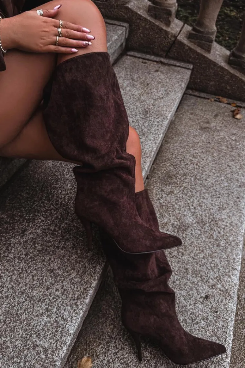 Sale Wsuwane Kozaki Damskie Na Szpilce Z Eko Zamszu Czekoladowe Noretta Damskie Kozaki Ocieplane|Kozaki Na Szpilce