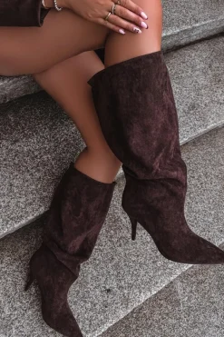 Sale Wsuwane Kozaki Damskie Na Szpilce Z Eko Zamszu Czekoladowe Noretta Damskie Kozaki Ocieplane|Kozaki Na Szpilce
