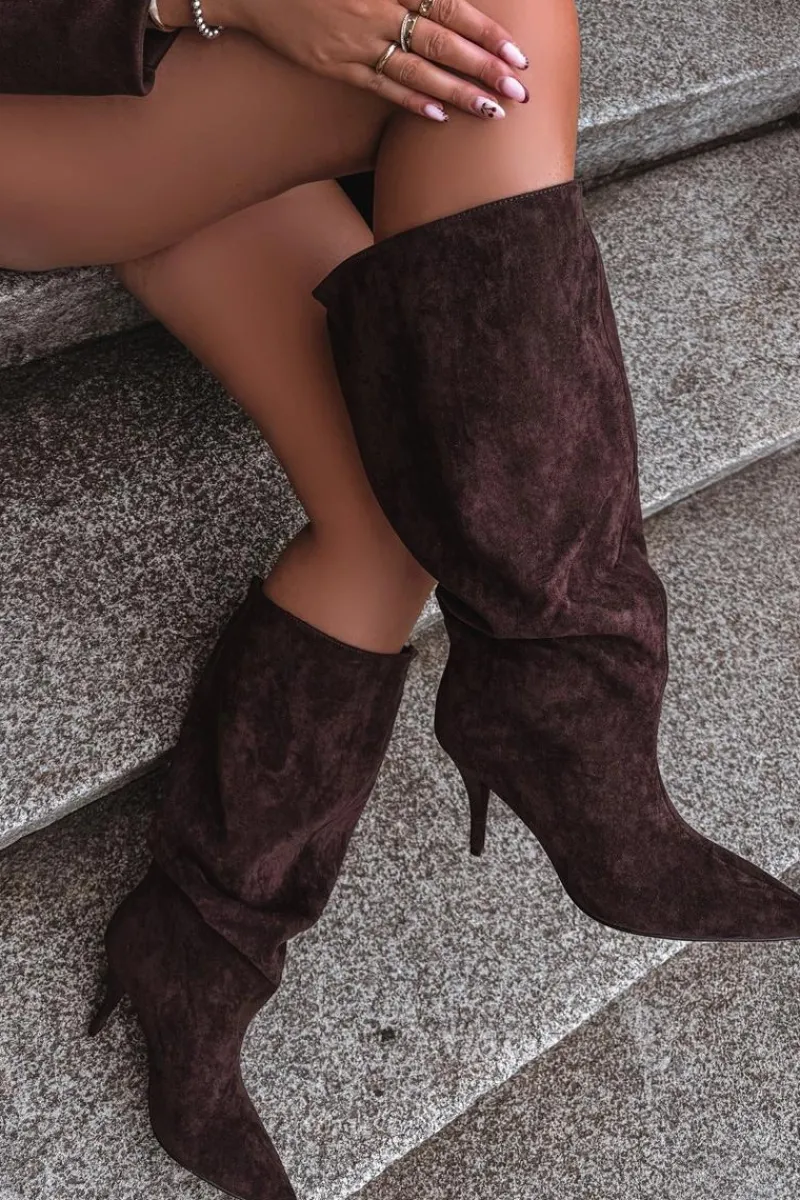 Sale Wsuwane Kozaki Damskie Na Szpilce Z Eko Zamszu Czekoladowe Noretta Damskie Kozaki Ocieplane|Kozaki Na Szpilce