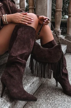 Sale Wsuwane Kozaki Damskie Na Szpilce Z Eko Zamszu Czekoladowe Noretta Damskie Kozaki Ocieplane|Kozaki Na Szpilce