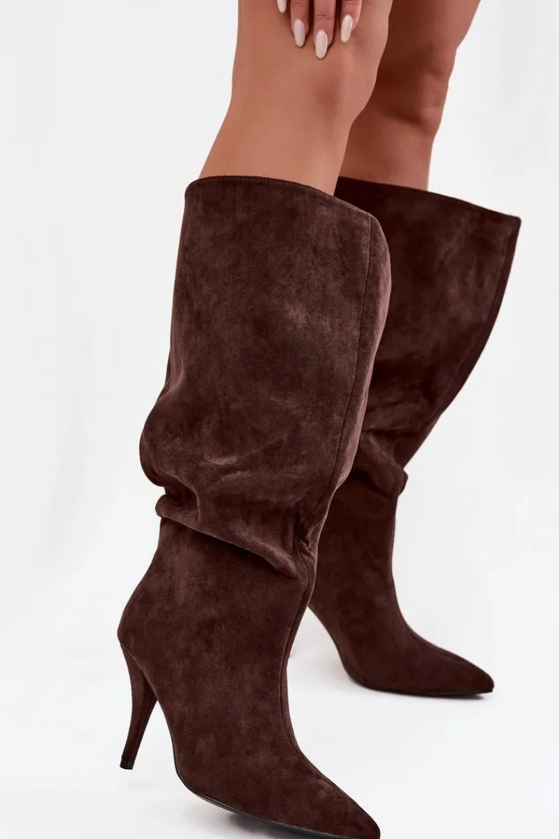 Sale Wsuwane Kozaki Damskie Na Szpilce Z Eko Zamszu Czekoladowe Noretta Damskie Kozaki Ocieplane|Kozaki Na Szpilce