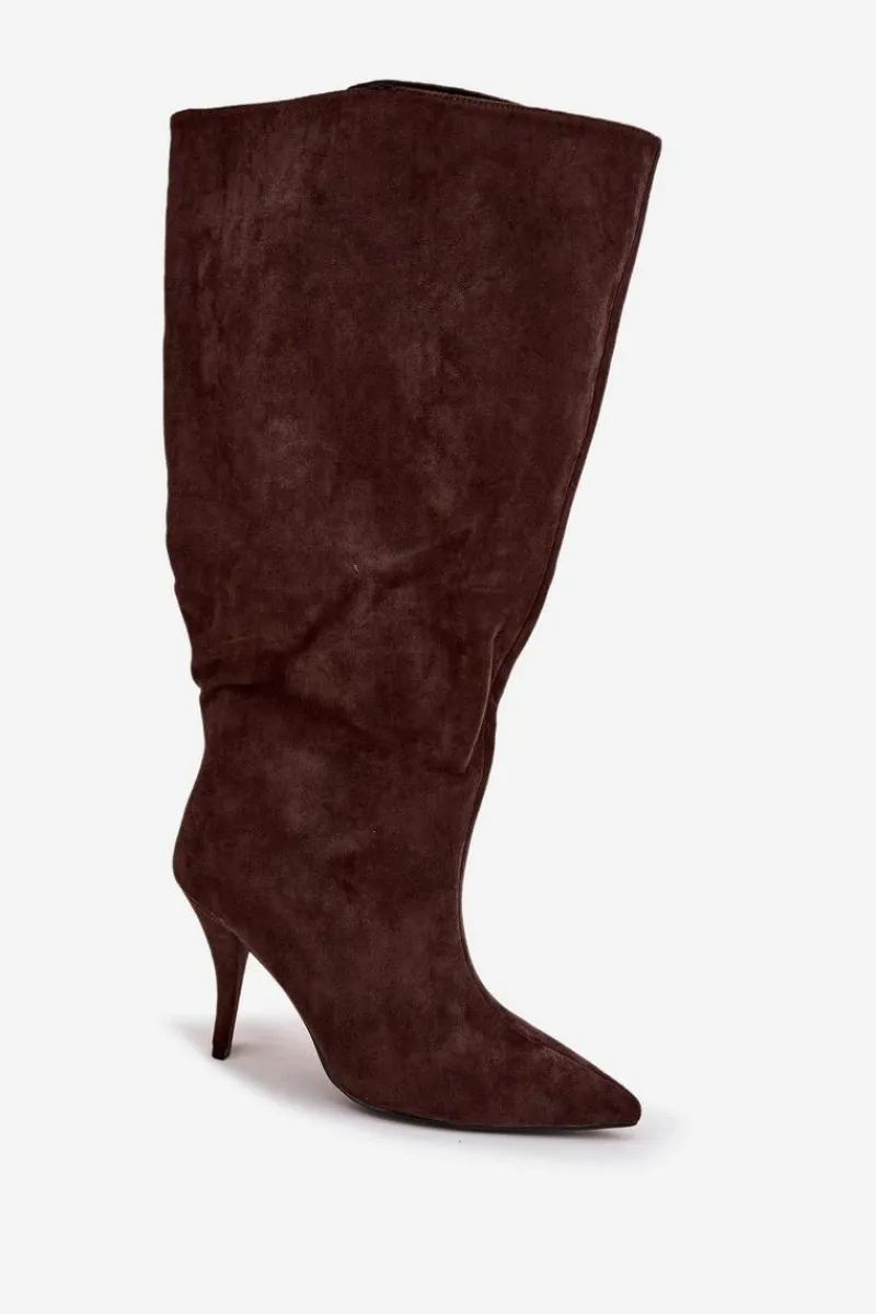 Sale Wsuwane Kozaki Damskie Na Szpilce Z Eko Zamszu Czekoladowe Noretta Damskie Kozaki Ocieplane|Kozaki Na Szpilce