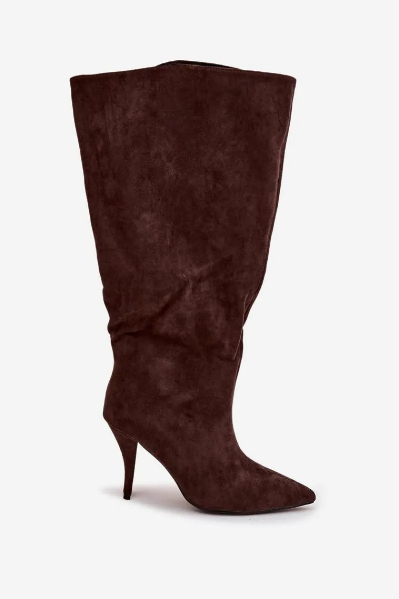 Sale Wsuwane Kozaki Damskie Na Szpilce Z Eko Zamszu Czekoladowe Noretta Damskie Kozaki Ocieplane|Kozaki Na Szpilce