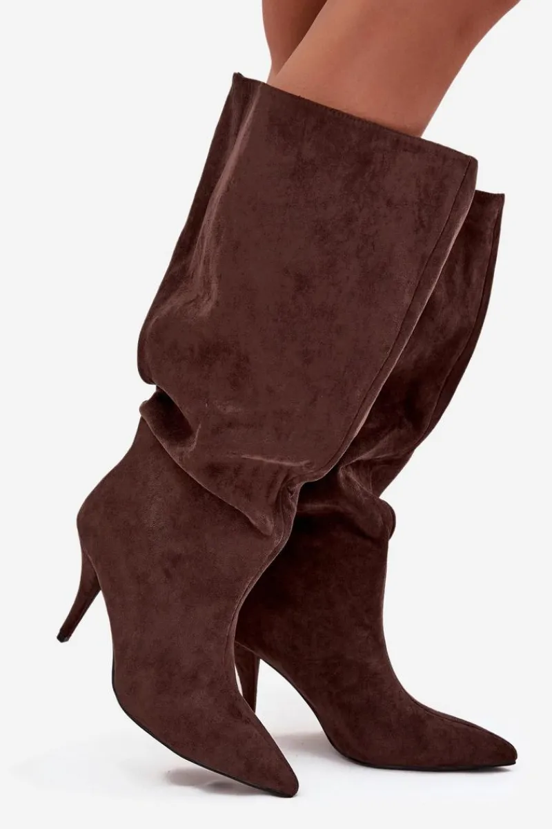 Sale Wsuwane Kozaki Damskie Na Szpilce Z Eko Zamszu Czekoladowe Noretta Damskie Kozaki Ocieplane|Kozaki Na Szpilce