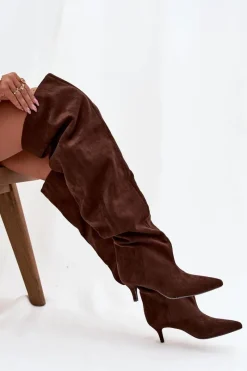 Sale Boto Wsuwane Kozaki Damskie Na Szpilce Czekoladowe Ysolienne Brązowy