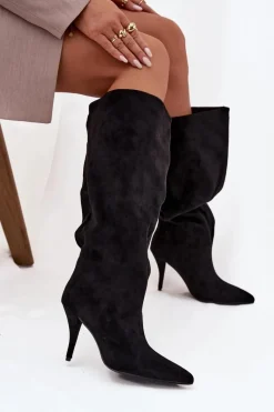 Kozaki Ocieplane|Kozaki Na Szpilce></noscript>Boto Wsuwane Kozaki Damskie Na Szpilce Z Eko Zamszu Czarne Noretta Czarny