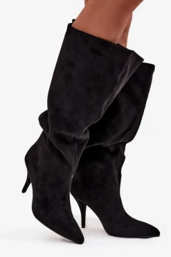Kozaki Ocieplane|Kozaki Na Szpilce></noscript>Boto Wsuwane Kozaki Damskie Na Szpilce Z Eko Zamszu Czarne Noretta Czarny