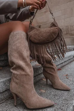 Hot Boto Wsuwane Kozaki Damskie Na Szpilce Z Eko Zamszu Beżowe Noretta Beżowy